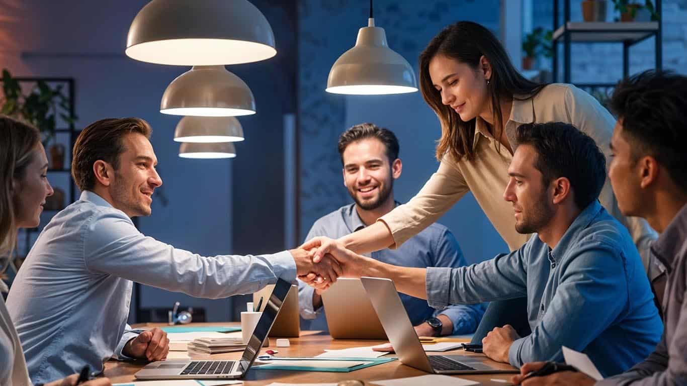 Professional team meeting at modern office for business success, diverse employees collaborating, handshake for partnership or agreement, teamwork and corporate growth, Asiacruit branding.