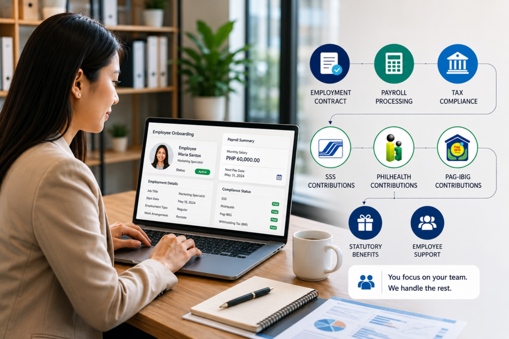 Employer of Record Philippines payroll, tax compliance, and employee onboarding process displayed in a modern HR management workspace.