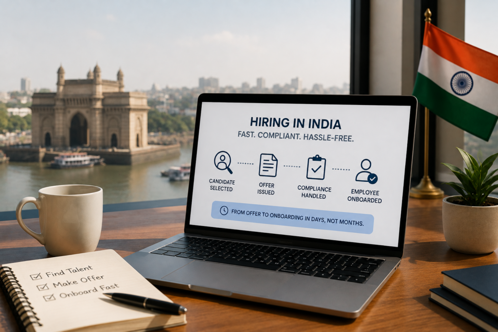 Professional workspace with a laptop symbolizing fast hiring in India through an Employer of Record, overlooking a modern Indian cityscape with business essentials on the desk.